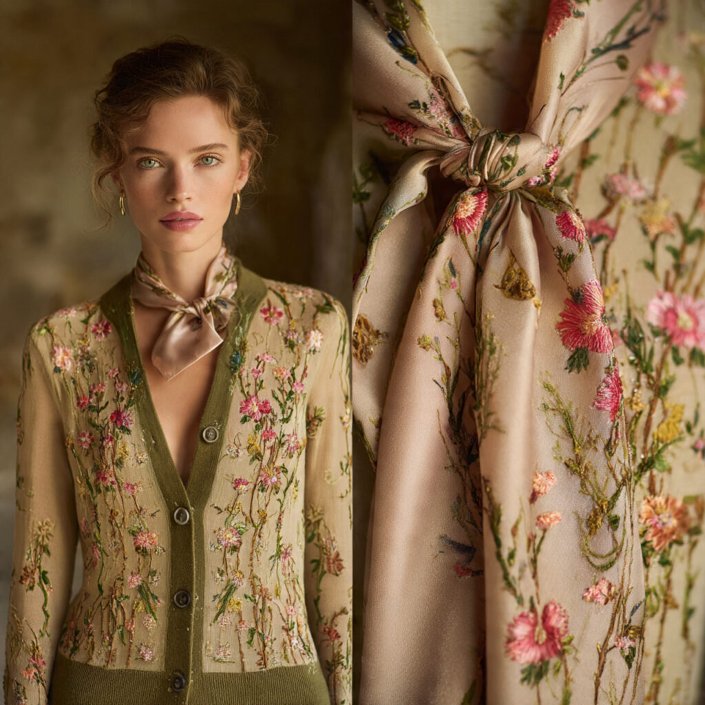 Delicate Floral Embroidery Cardigan and Silk Hair Scarf