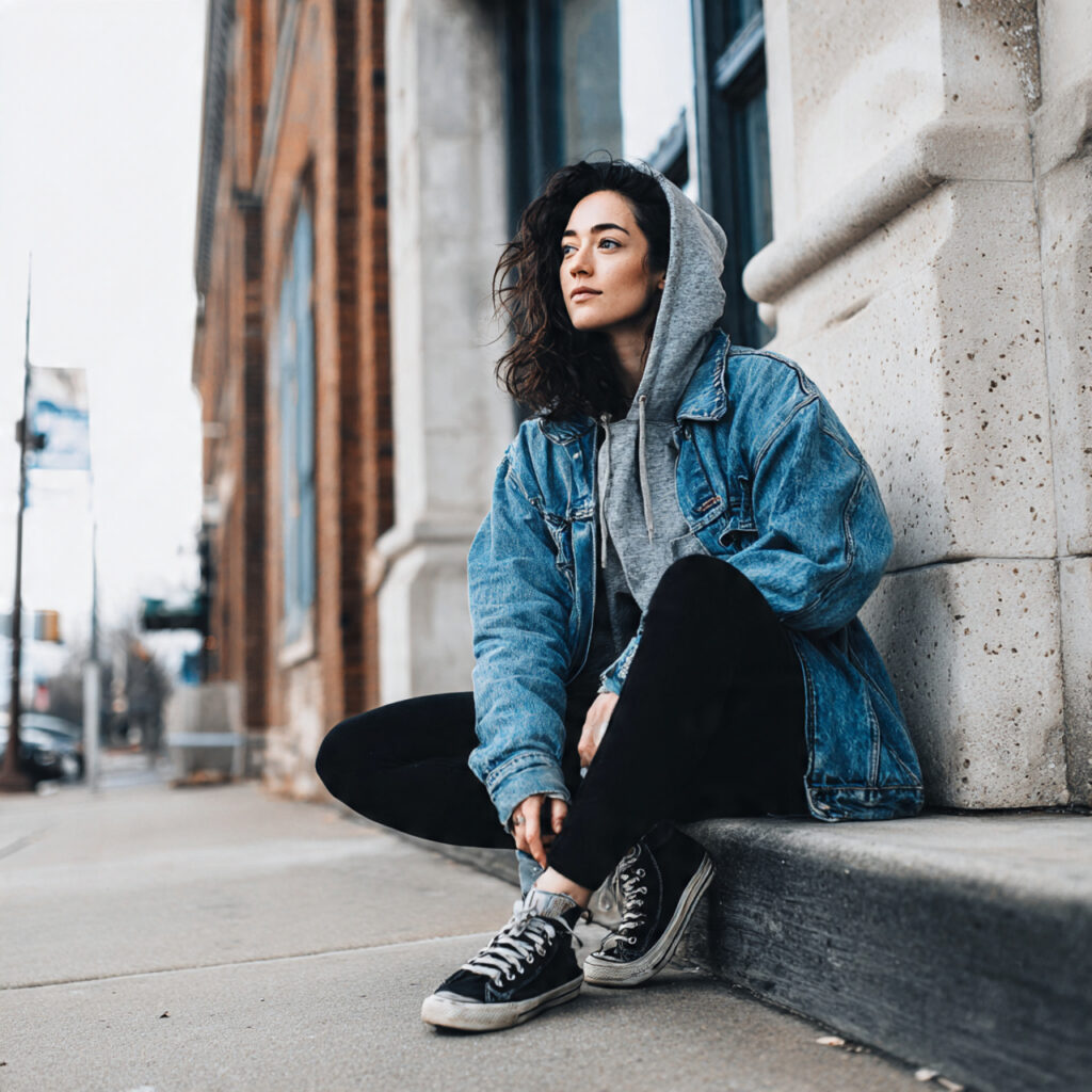 Denim Jacket Layered Over Hoodie and Leggings