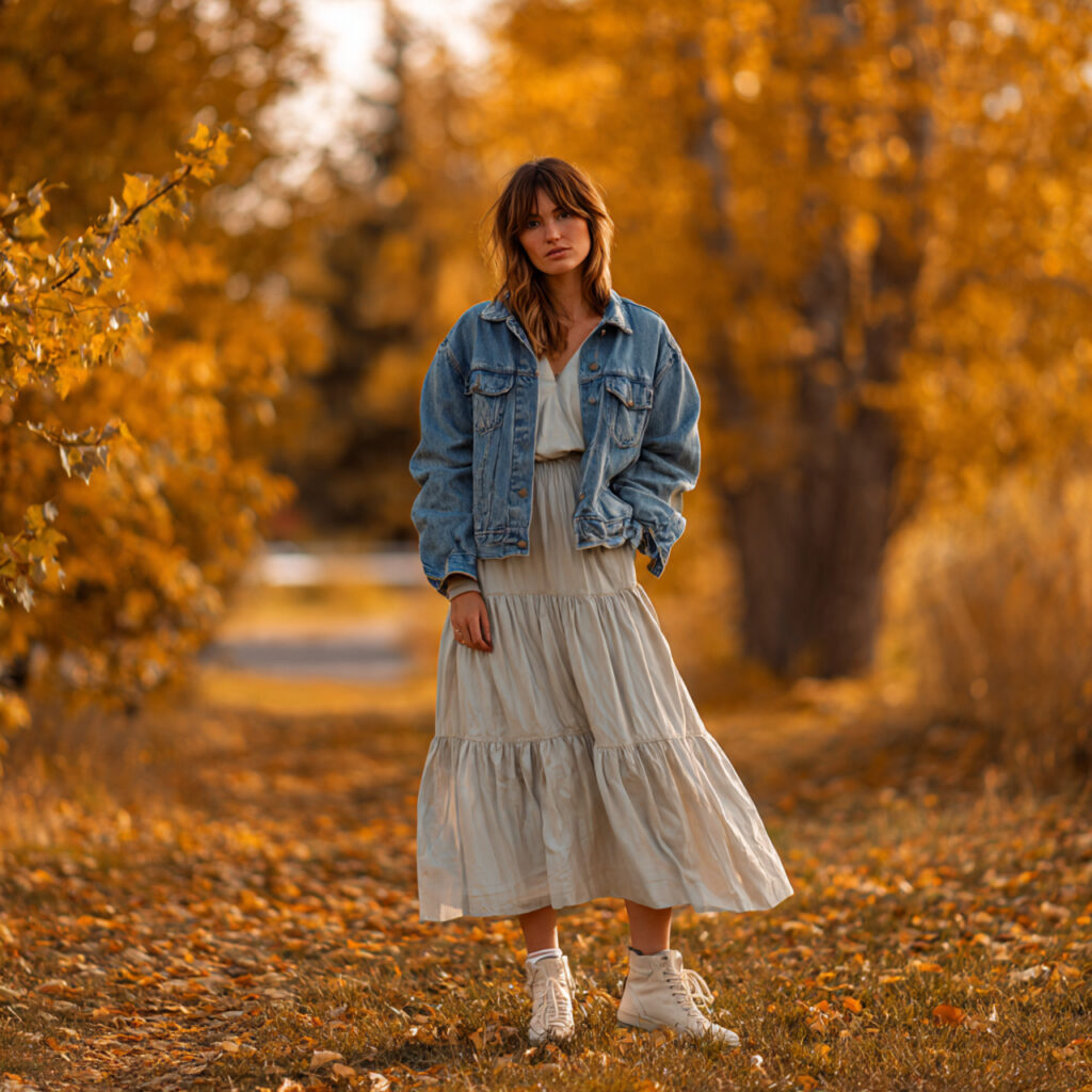 Denim Jacket and Tiered Midi Dress