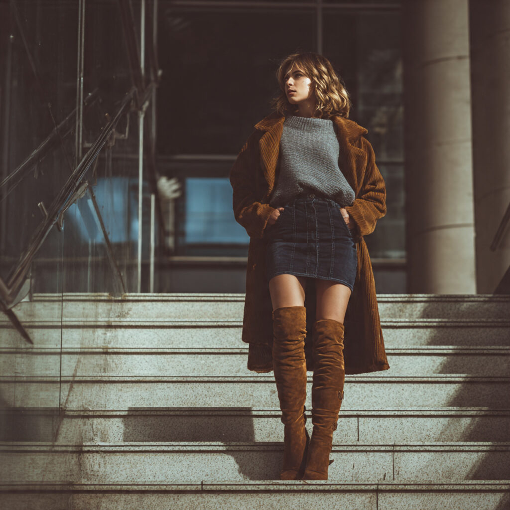 Denim Skirt and Tall Suede Boot Pairings
