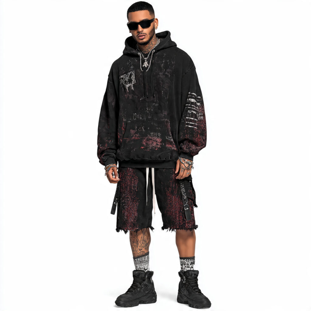 20 Best Rock Concert Outfit Looks Ideas: 20+ Edgy Styles to Stand Out at Any Show 7 Distressed Band Hoodie and Biker Shorts Combo