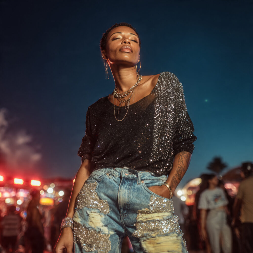 20 Best Concert Outfits for Black Women Ideas to Try Now 2 Distressed Denim and Rhinestones