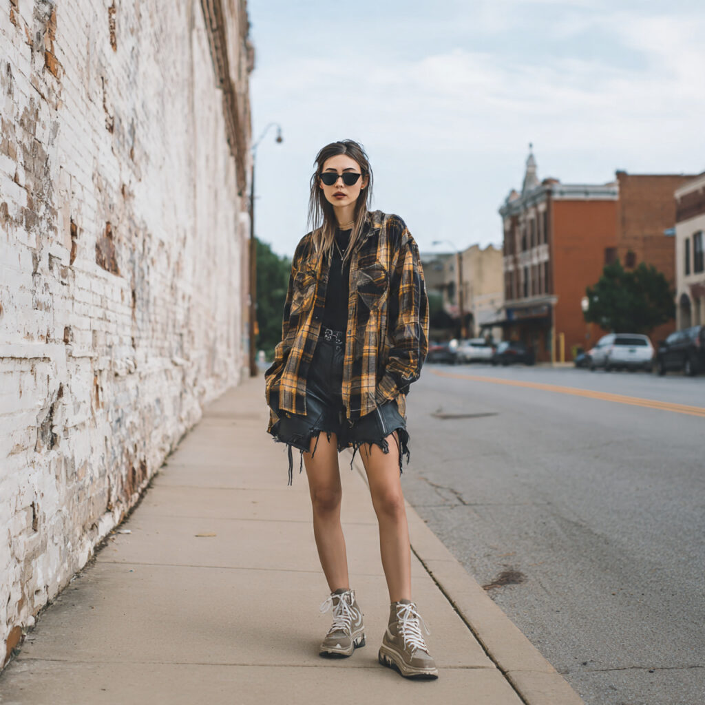 Distressed Oversized Flannel and Leather Shorts