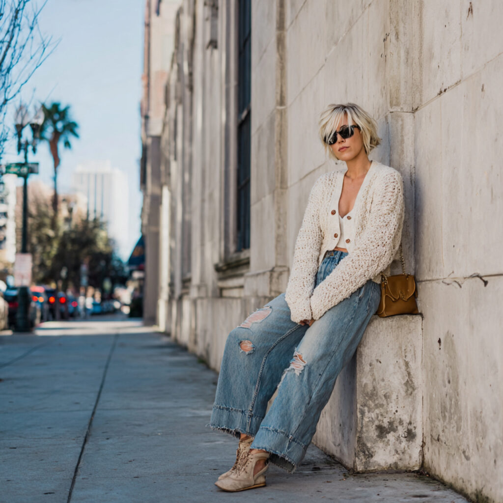 Distressed Wide Leg Denim with Cropped Cardigans