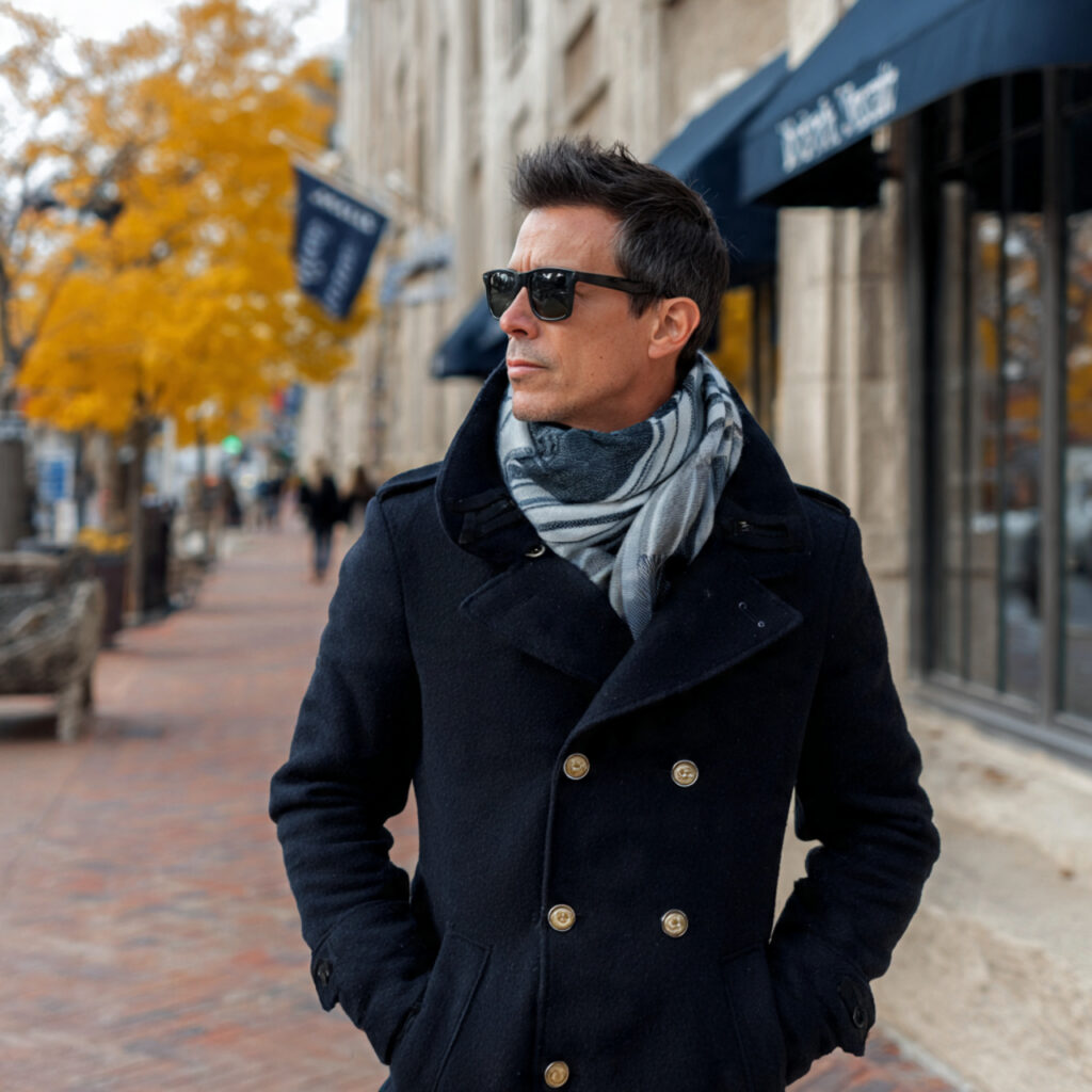 Double Breasted Peacoat and Cashmere Scarf