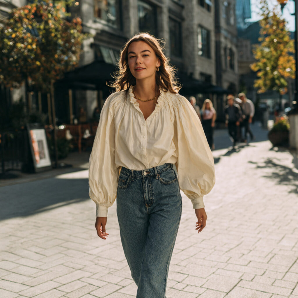 Dramatic Puffy Sleeve Blouse and Straight Leg Jeans