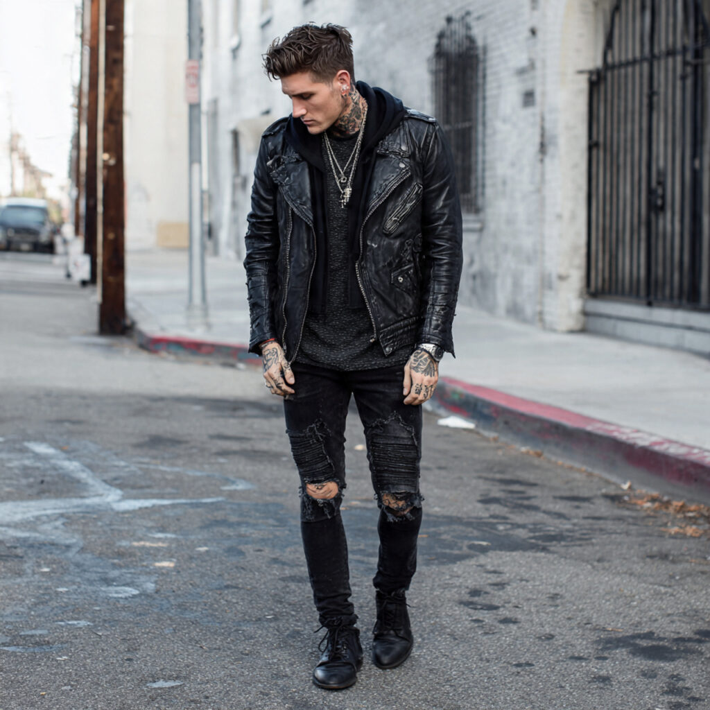 Edgy Leather Jacket and Distressed Black Jeans