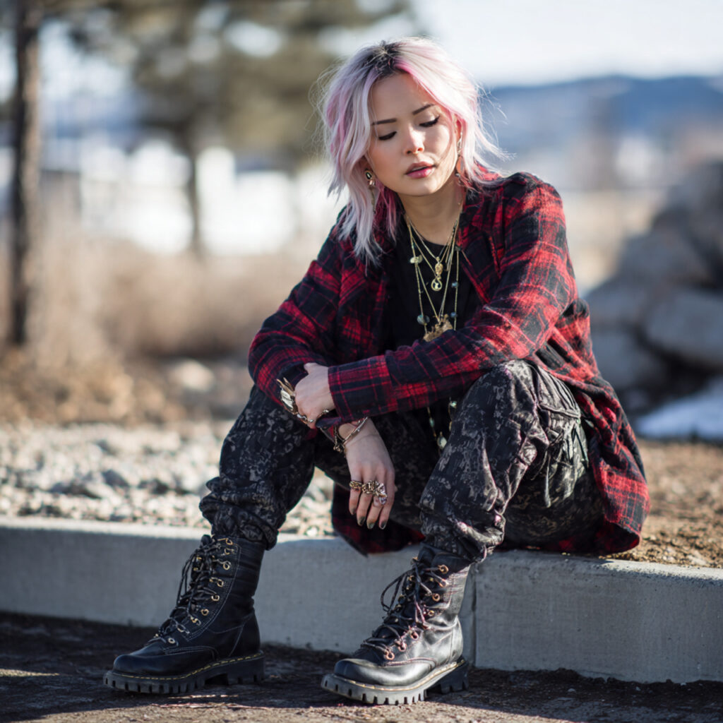 20 Best Rock Concert Outfit Looks Ideas: 20+ Edgy Styles to Stand Out at Any Show 3 Edgy Plaid Flannel and Combat Boot Pairing
