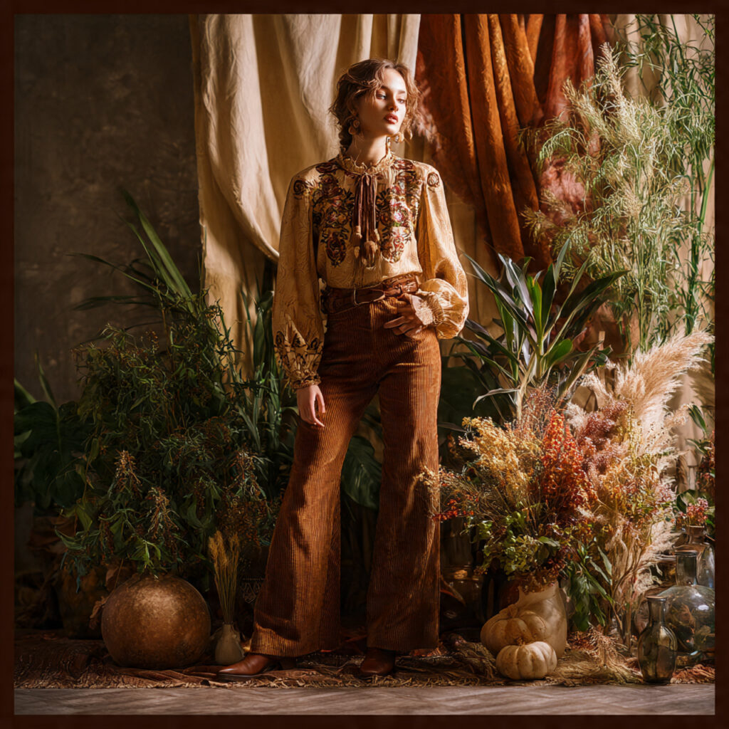 Embroidered Boho Blouse and Flared Corduroys