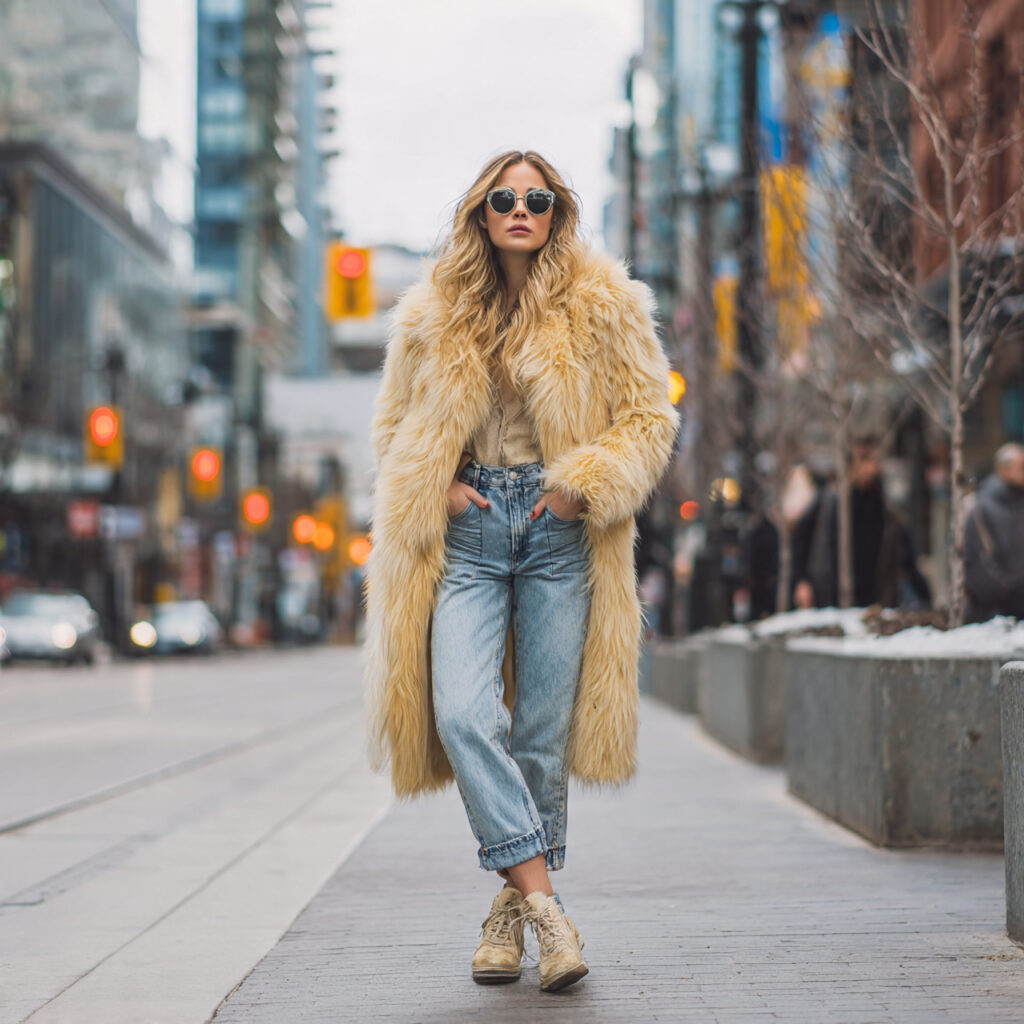Faux Fur Statement Coat with Cropped Denim