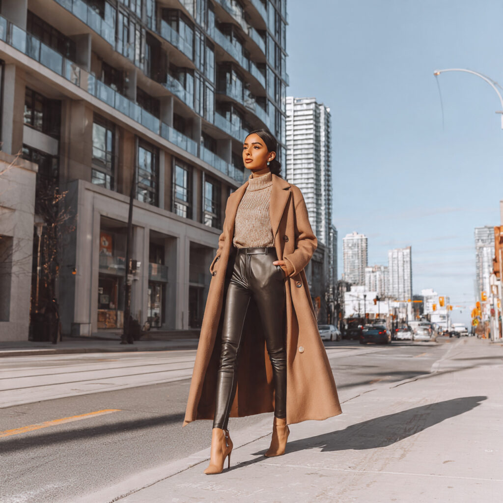 Faux Leather Leggings with Longline Wool Coat