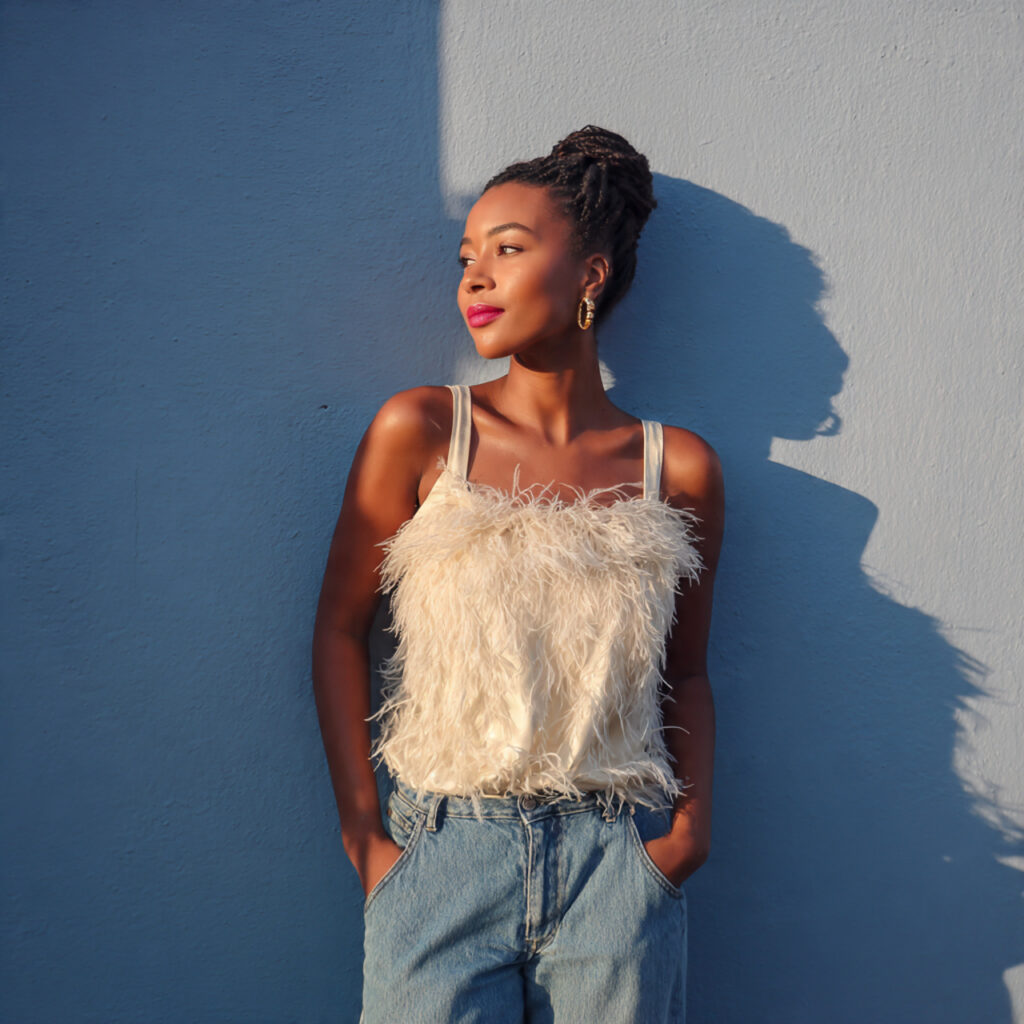 Feather Trimmed Top with Straight Leg Denim