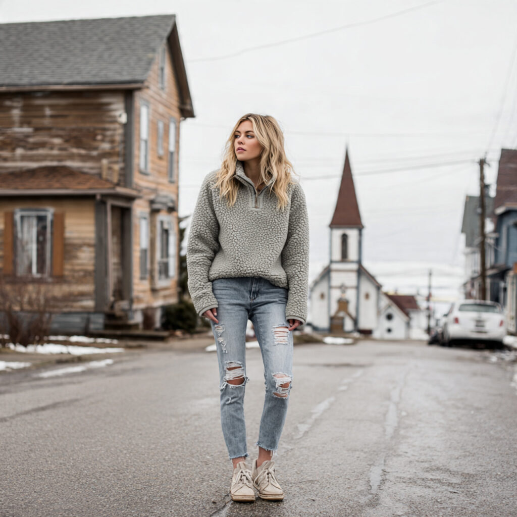 Fleece Pullover with Distressed Skinny Jeans