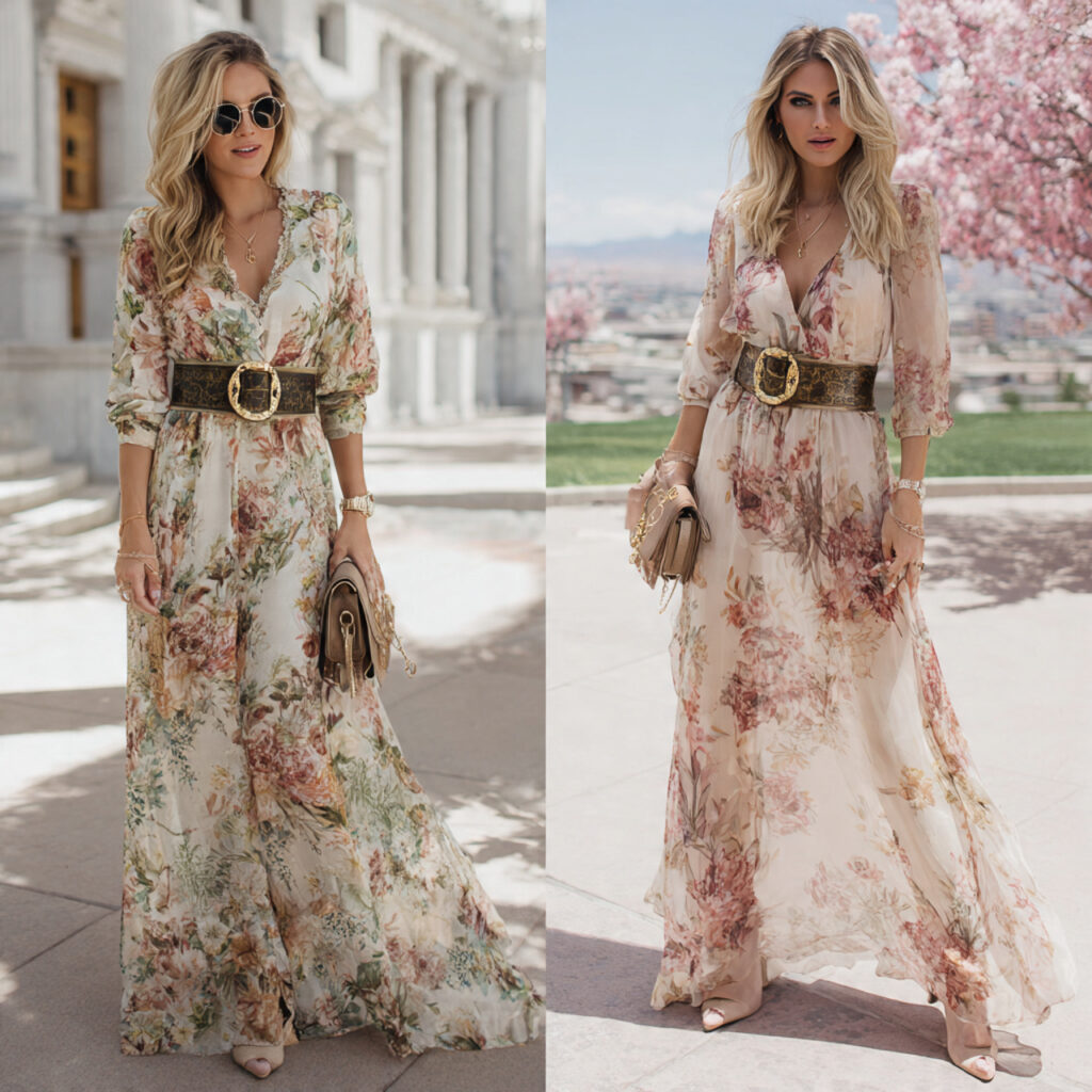 Floral Maxi Dresses with Distressed Belts