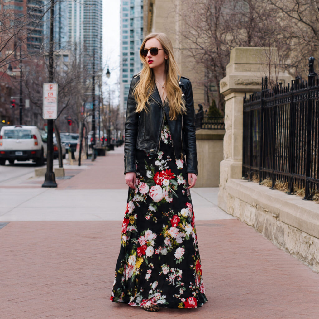 Floral Winter Maxi Dress with Moto Jacket