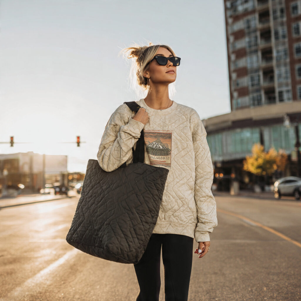 Graphic Sweatshirt and Statement Puffer Tote