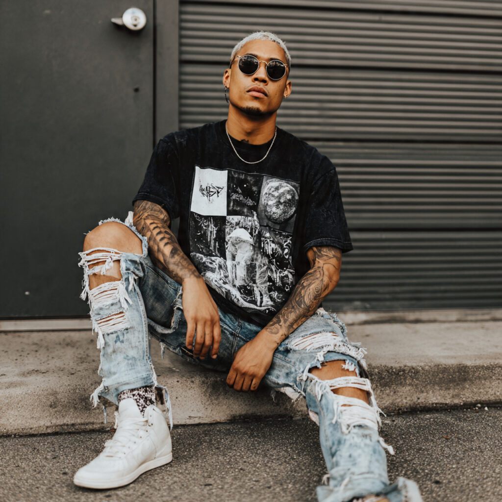 Graphic Tees with Stretched Distressed Denim