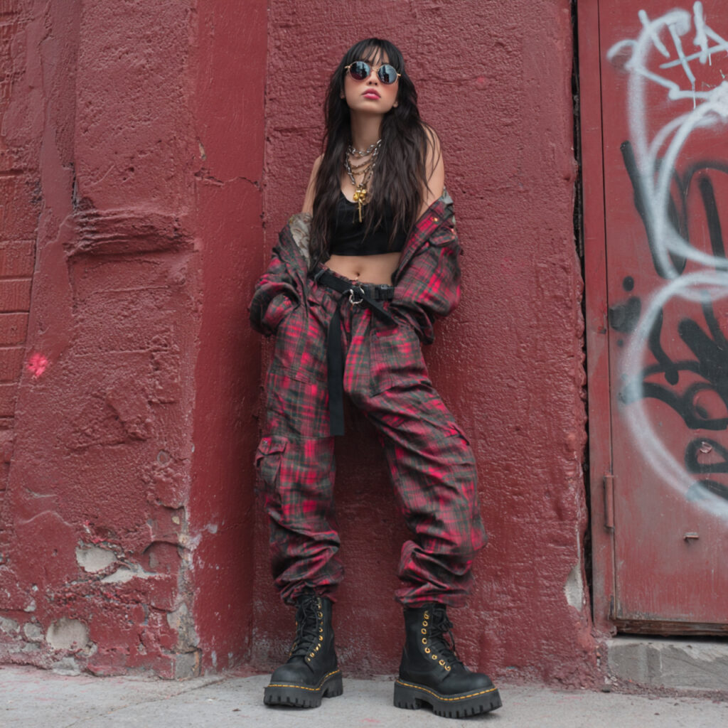 Grunge Revival Plaid Trousers and Combat Boots