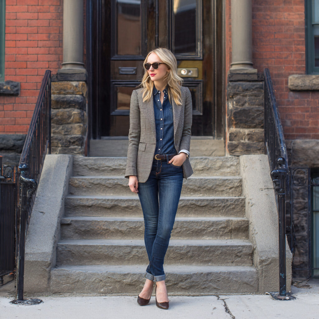 Herringbone Blazer and Dark Wash Skinny Jeans