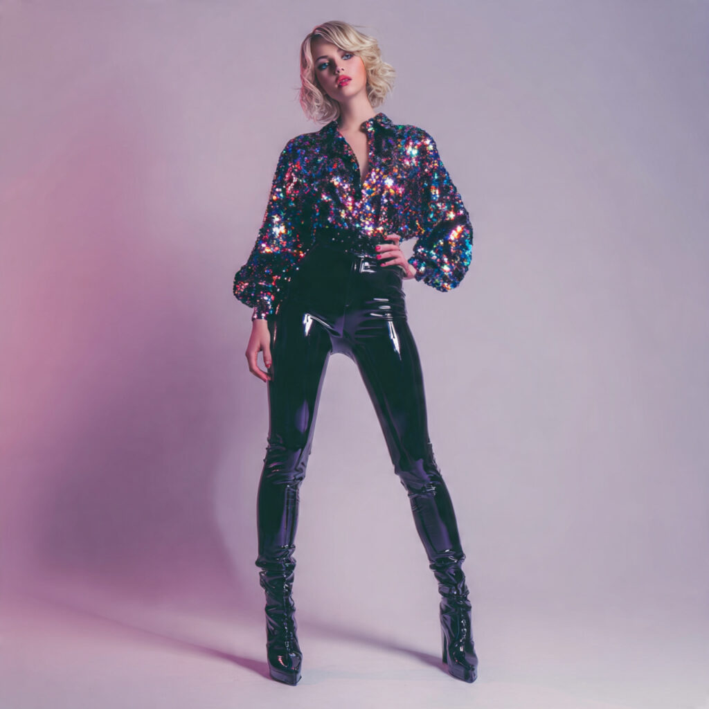 High Shine Latex Leggings and Oversized Sequined Shirt