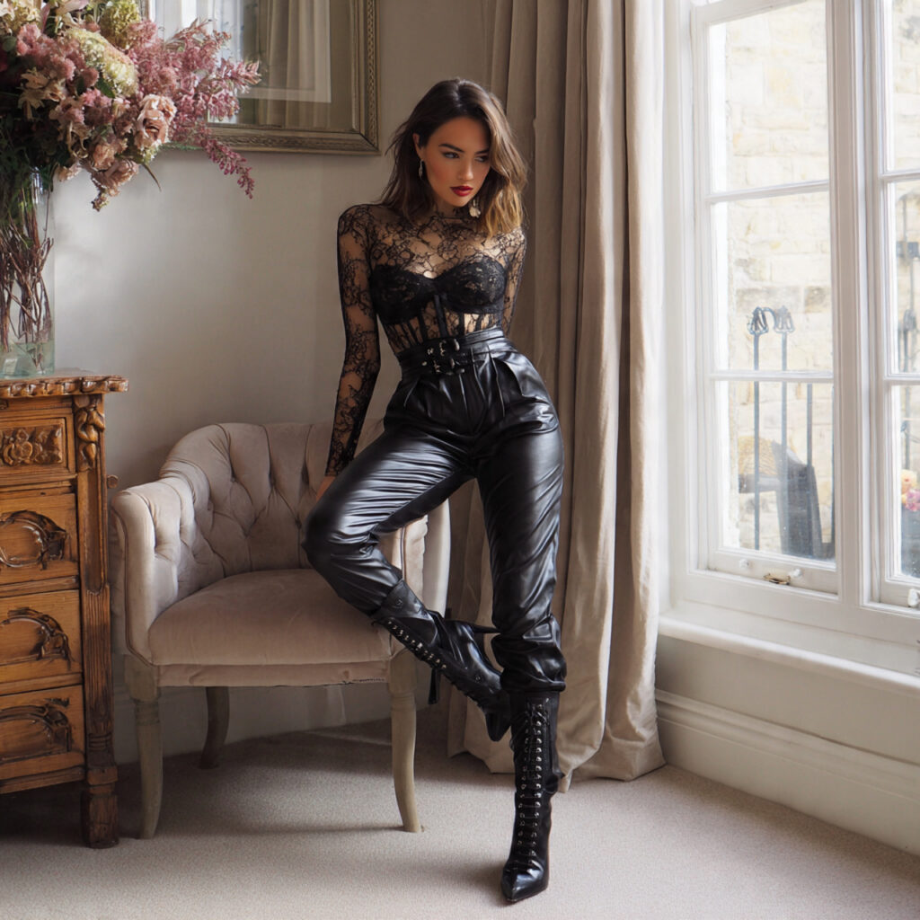 High-Waisted Leather Trousers and Lace Bodysuit