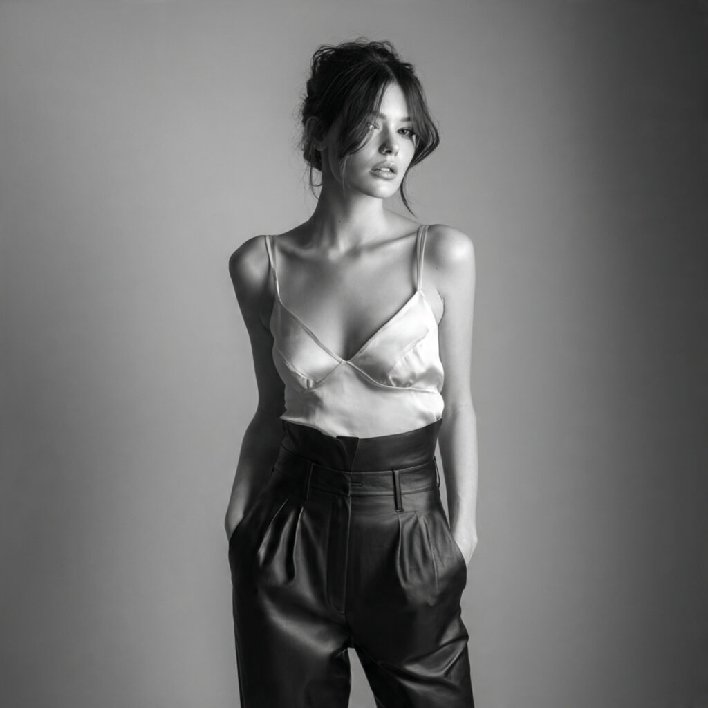 High Waisted Leather Trousers and Silk Cami