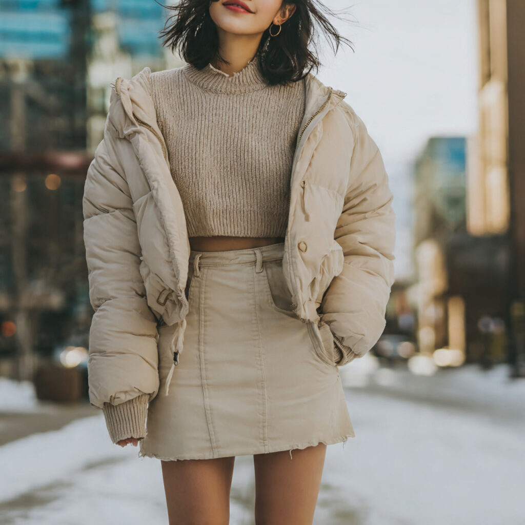 High-Waisted Skirt and Cropped Puffer Looks