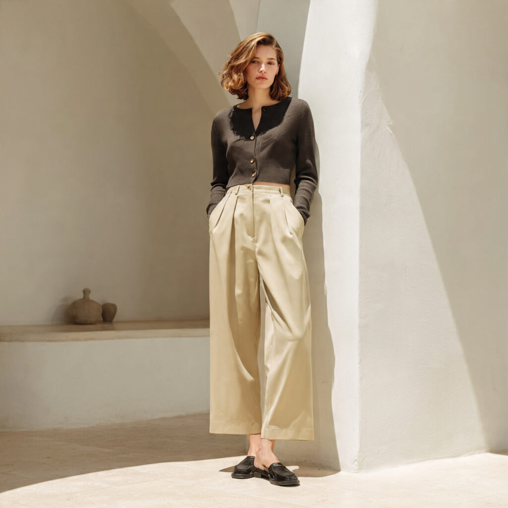  High Waisted Wide Leg Trousers and Cropped Cardigan