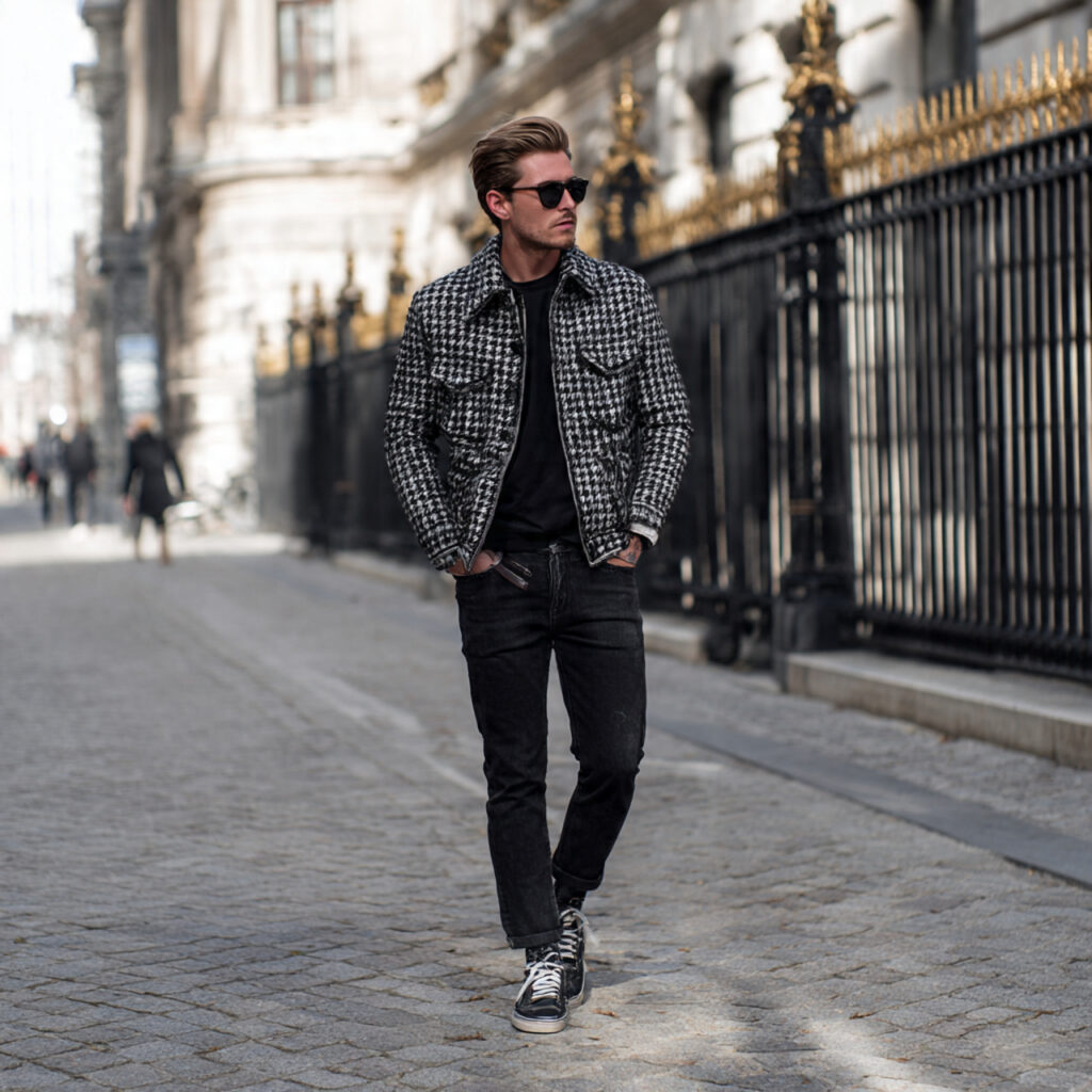 Houndstooth Jacket and Black Denim Idea
