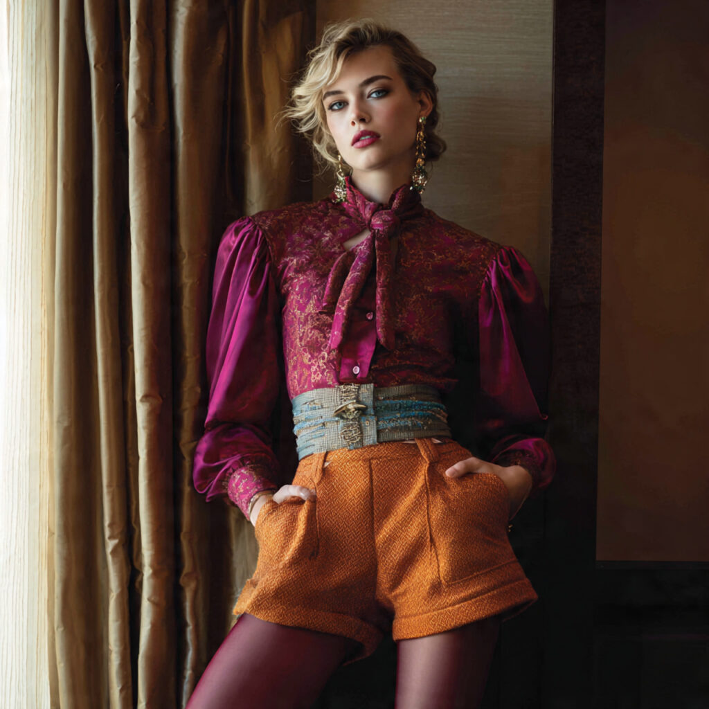 Jewel Toned Blouse and High Waisted Shorts with Tights