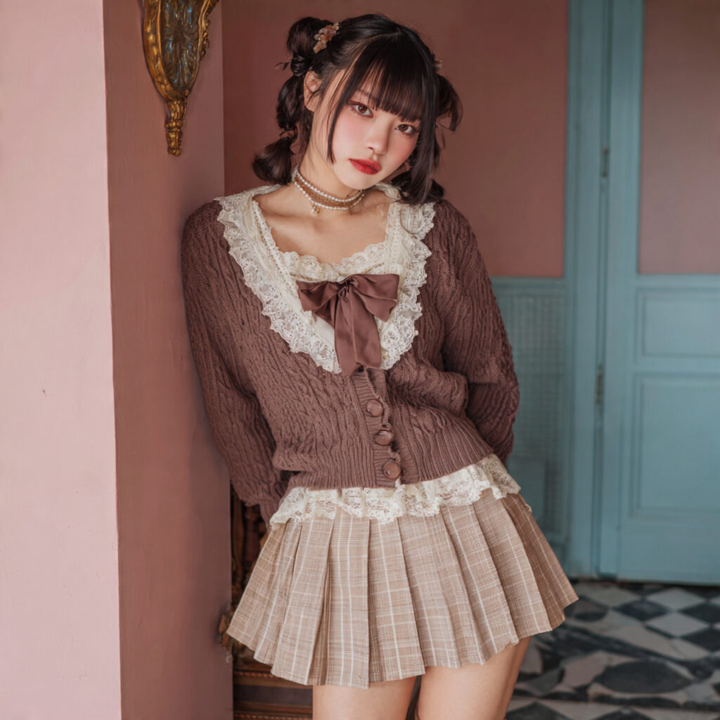 Lace Trimmed Cardigan with Pleated Mini Skirt