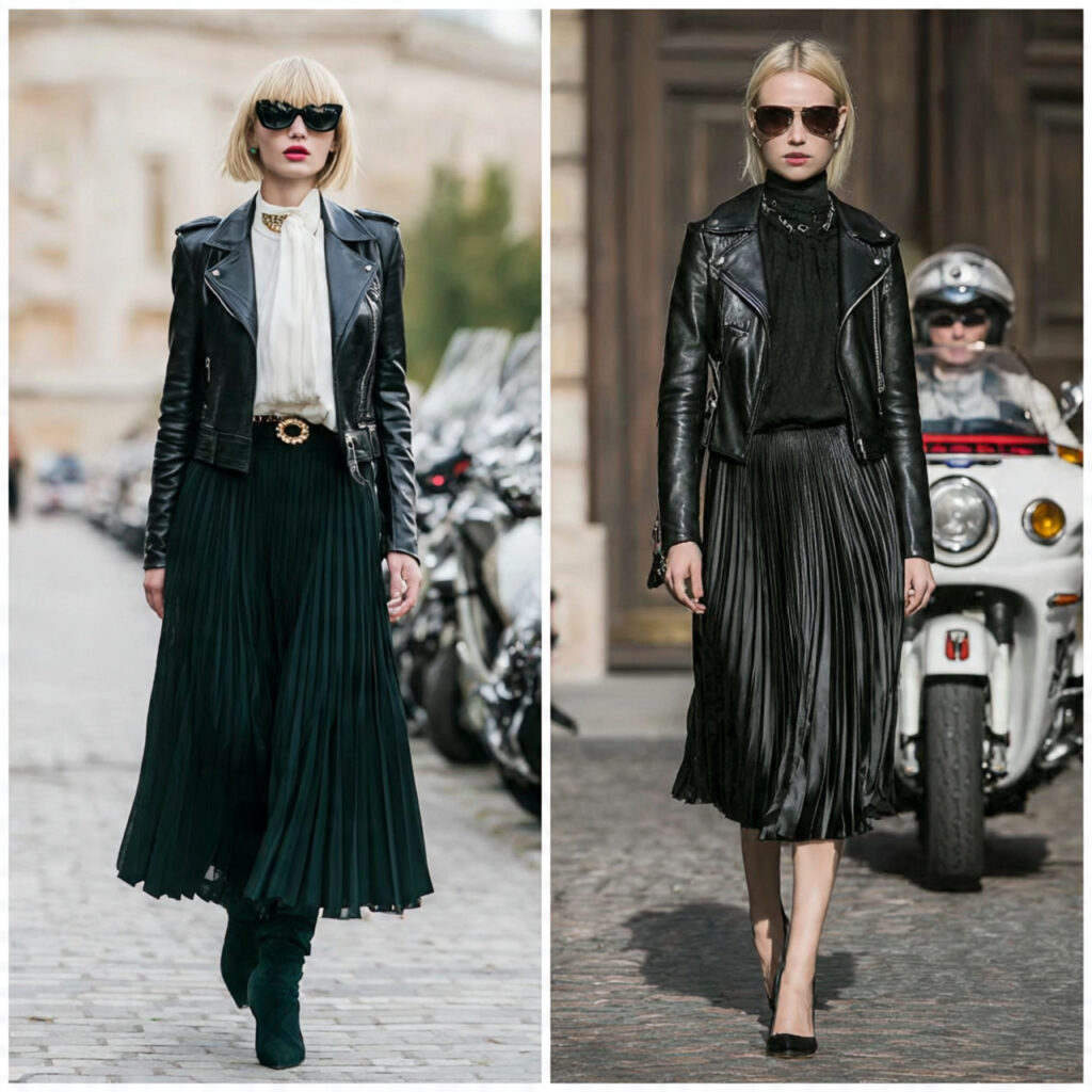 Leather Jackets over Pleated Skirts