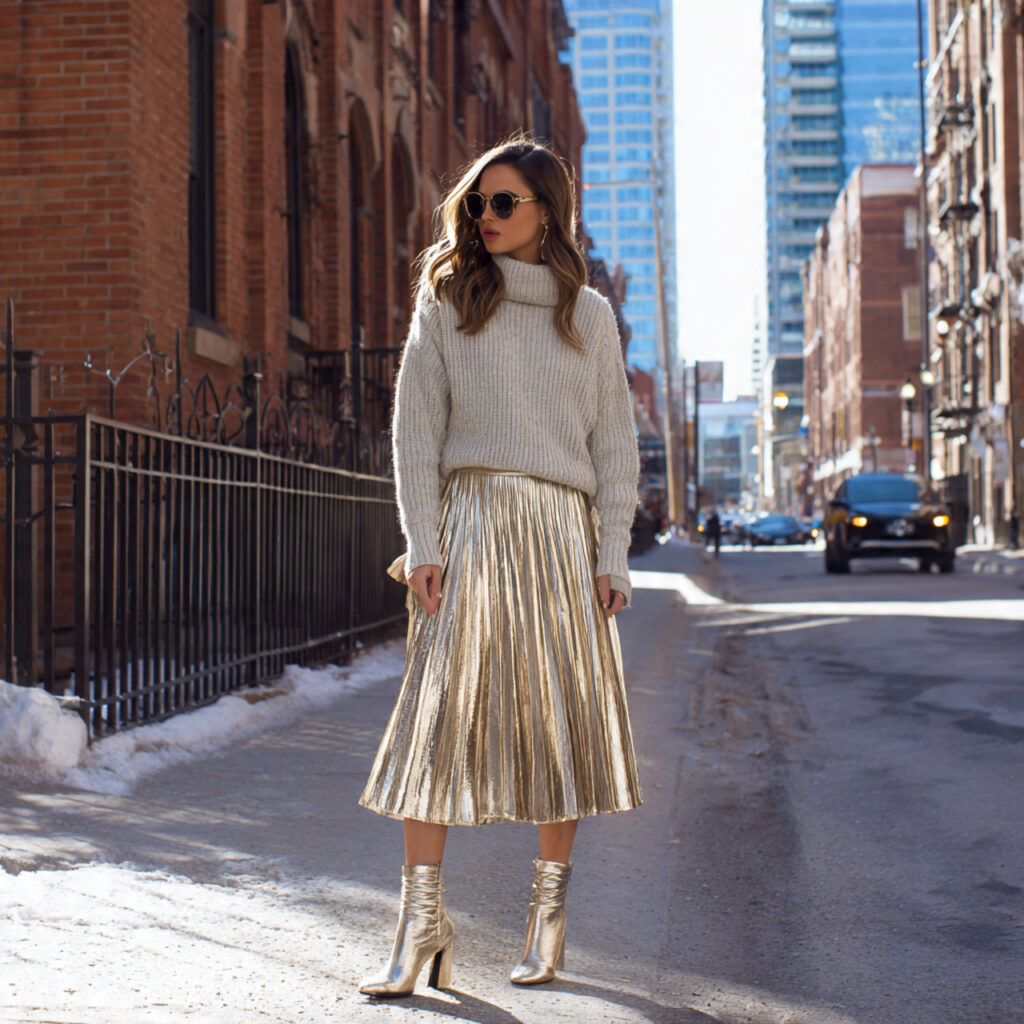Metallic Pleated Skirt and Cropped Cashmere Sweater
