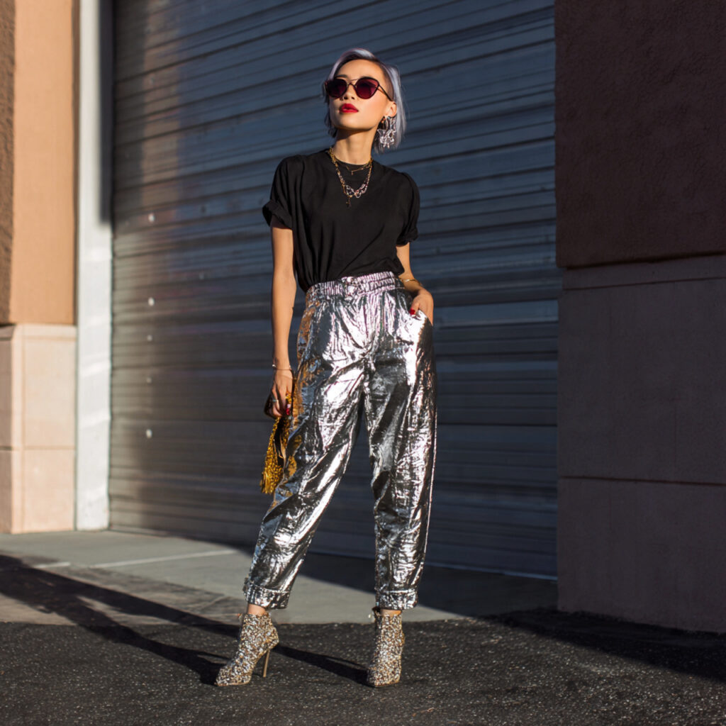20 Best Rock Concert Outfit Looks Ideas: 20+ Edgy Styles to Stand Out at Any Show 6 Metallic Silver Statement Pants Look