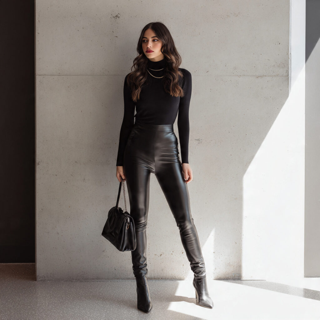 Mock Neck Top and Leather Look Leggings