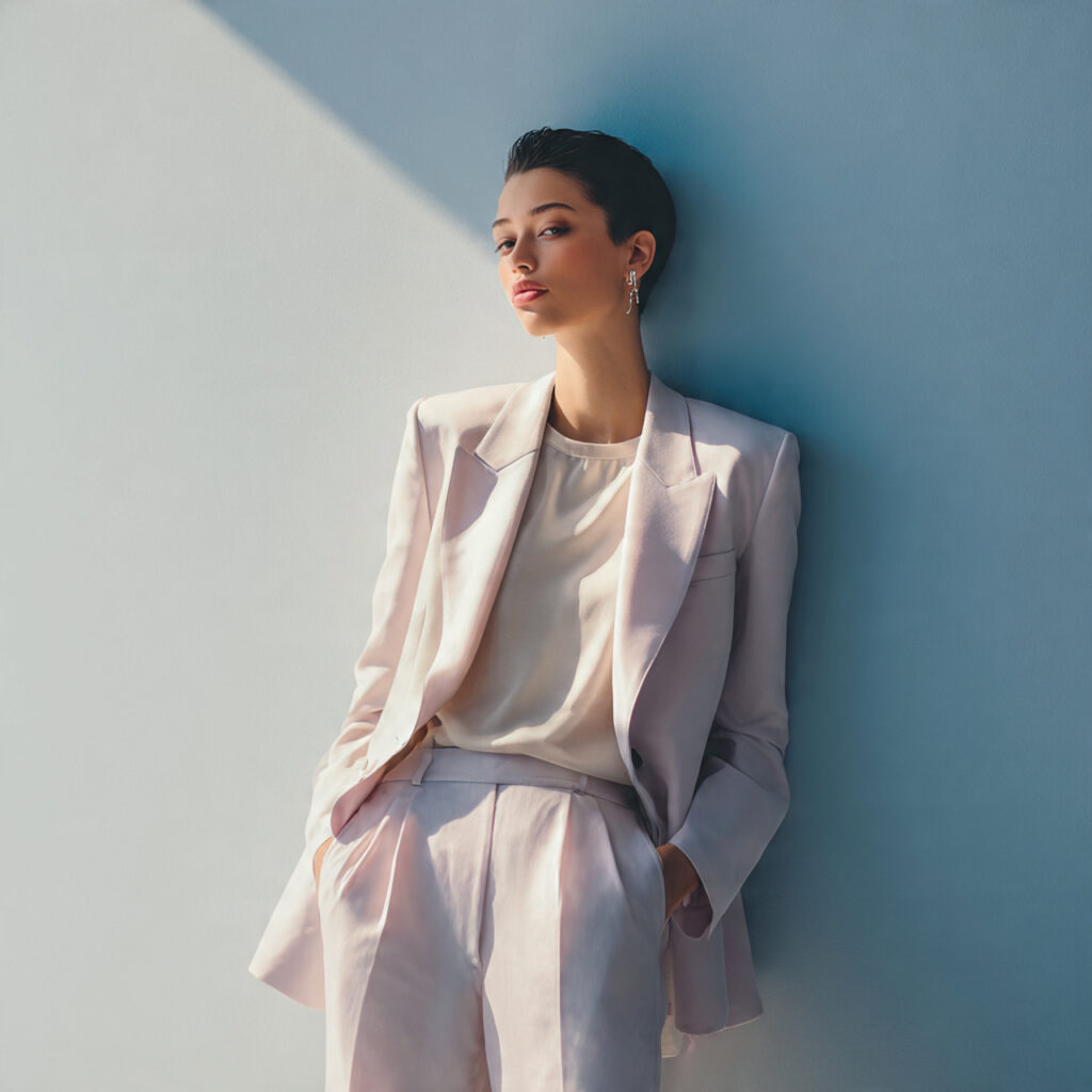 Monochrome Power Suit in Pastel Tones