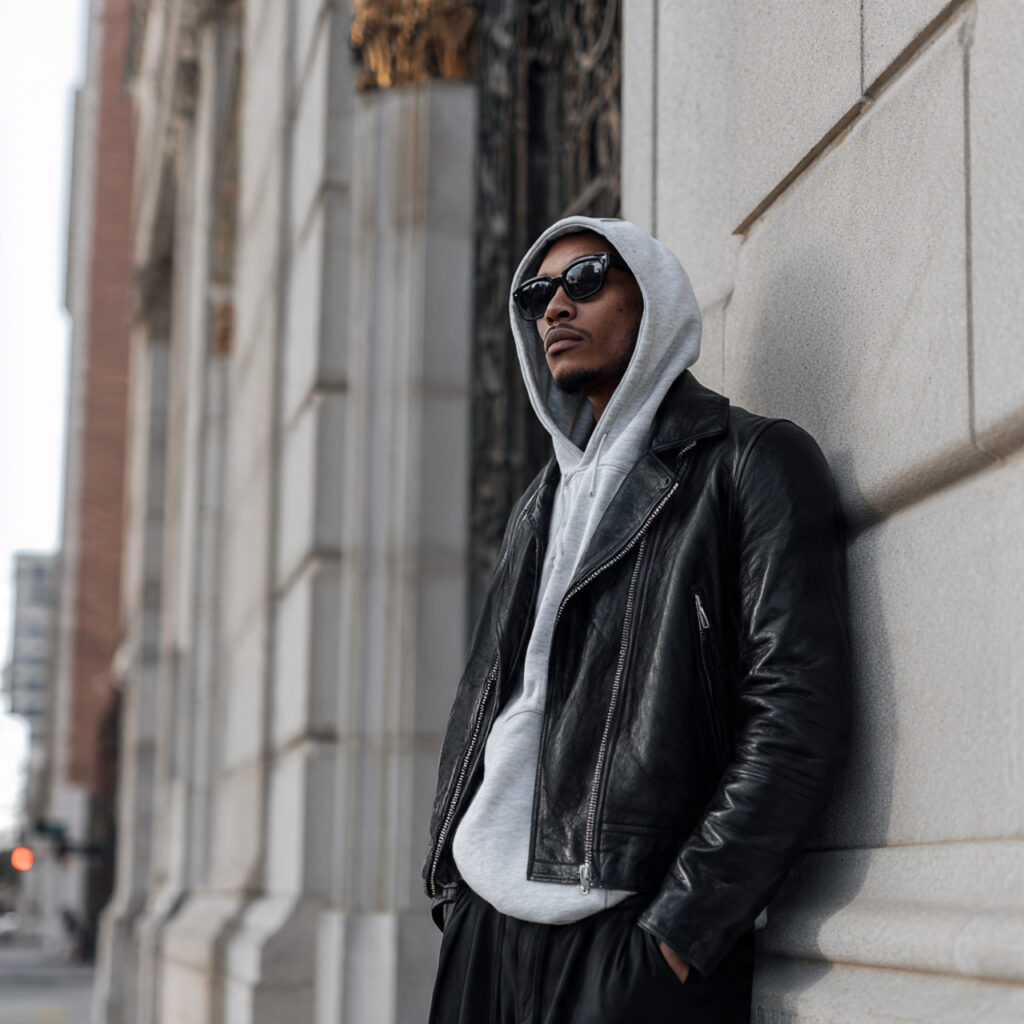 Moto Jacket over Hooded Sweatshirt