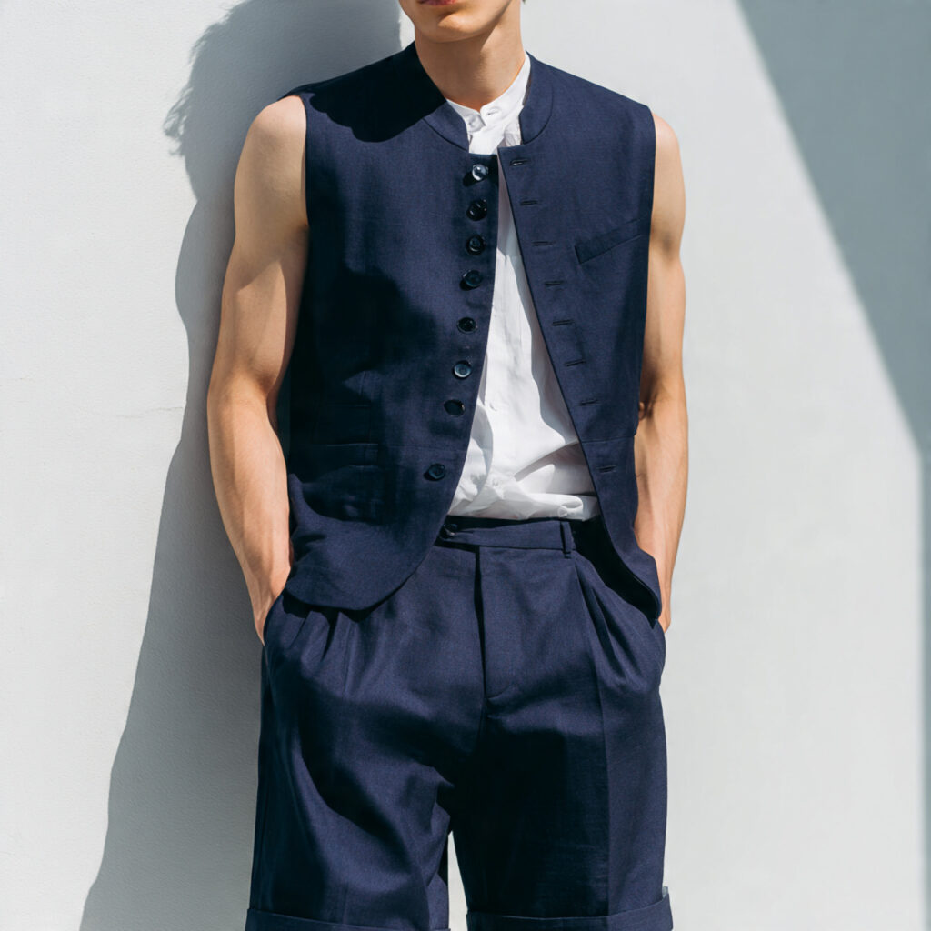 Navy Tailored Shorts and Matching Vest