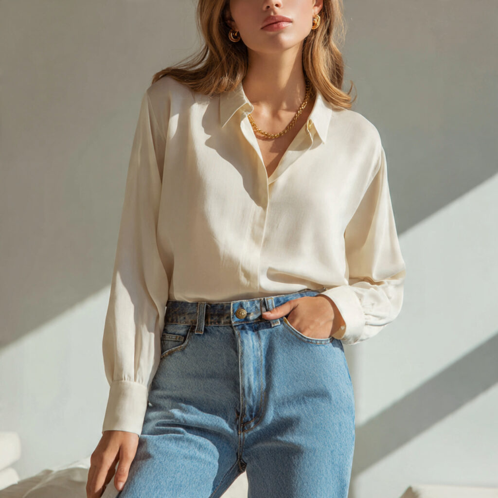 Off White Blouse and Straight Leg Jeans