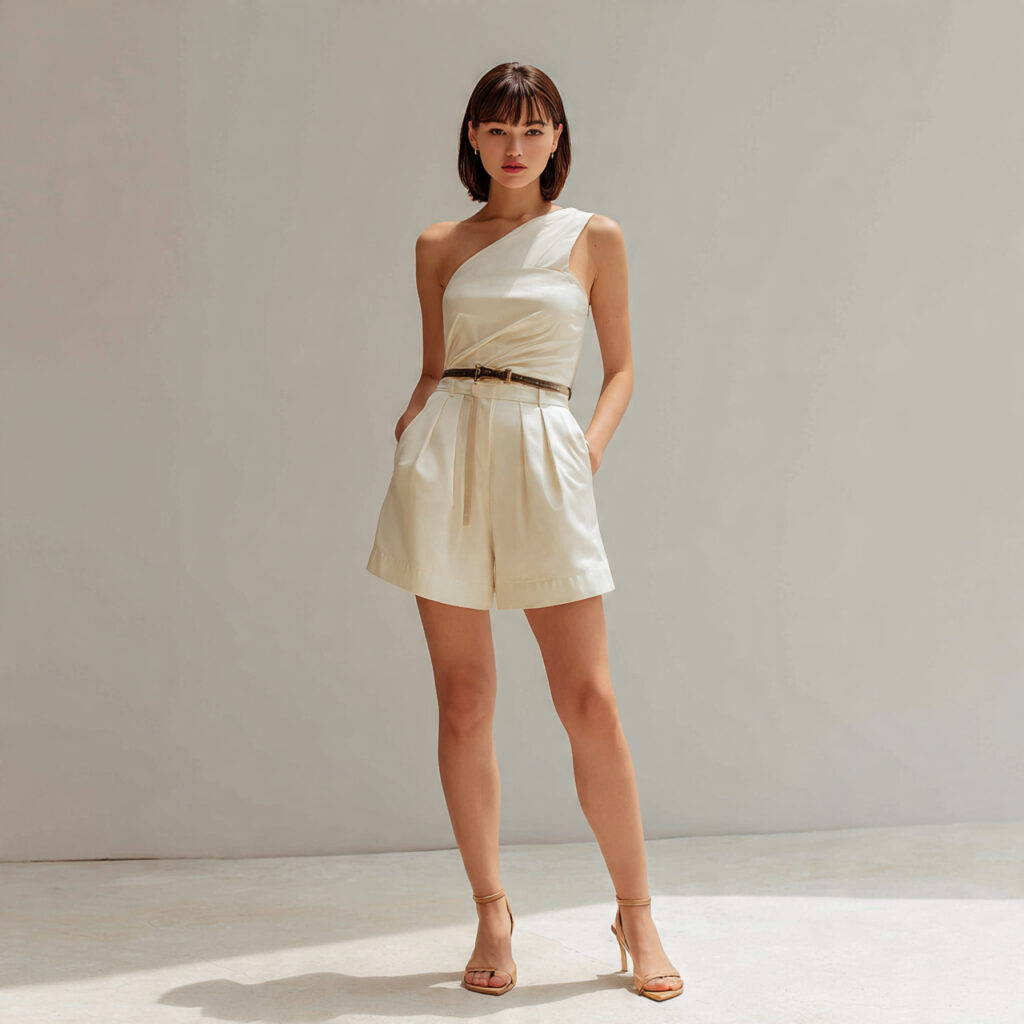 One-Shoulder Asymmetrical Top and Tailored Shorts