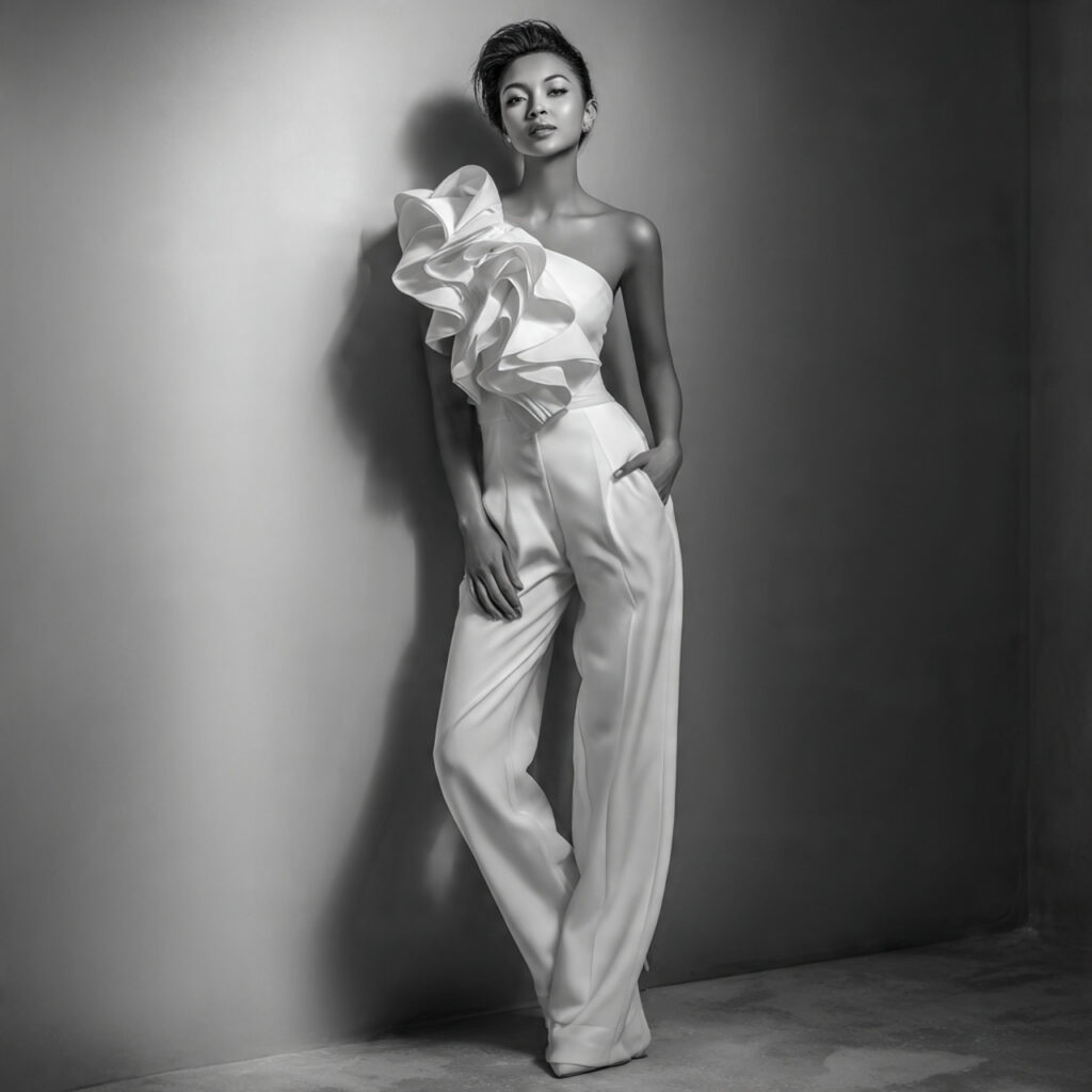 One Shoulder Jumpsuit with Dramatic Ruffle