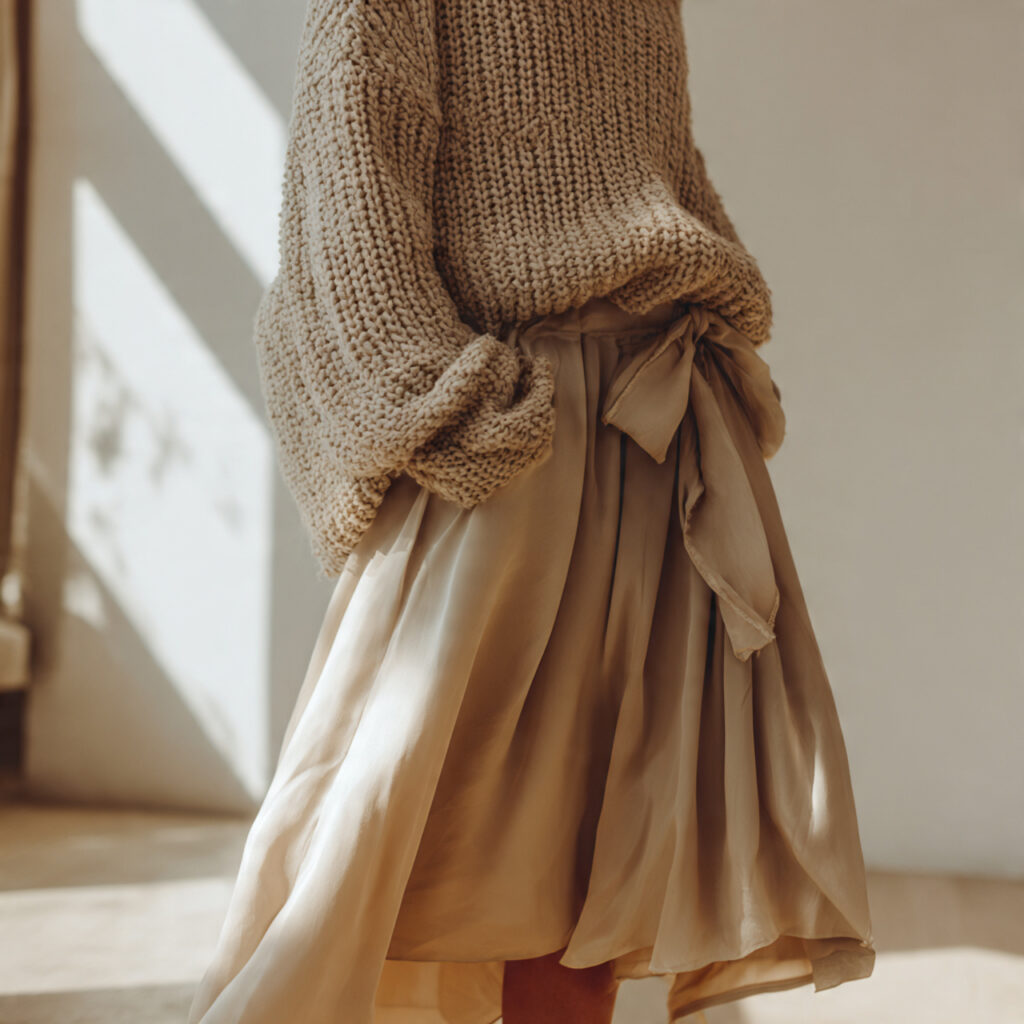 Oversized Cashmere Sweater and Silk Midi Skirt