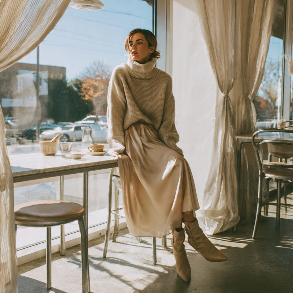 Oversized Cashmere Turtleneck and Silk Slip Skirt