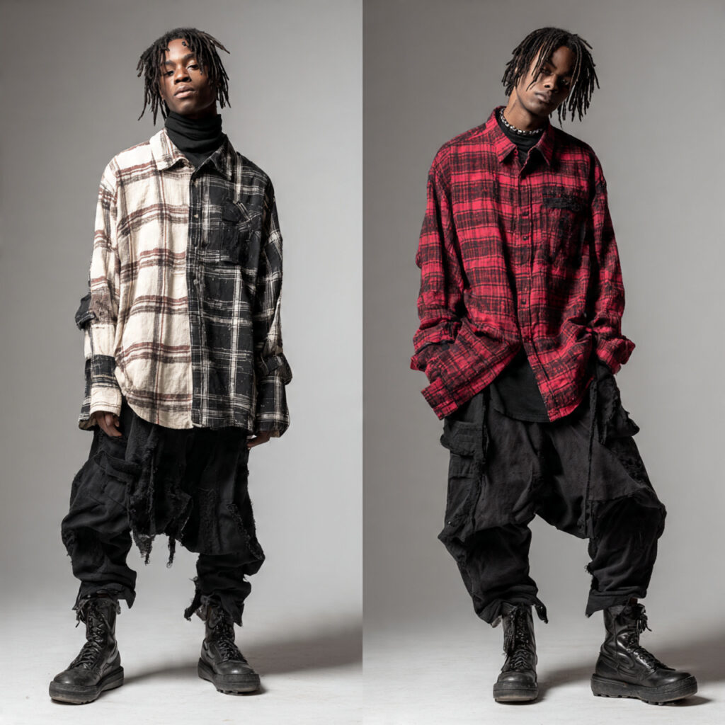 Oversized Flannel Shirt Layered over Mock Neck Top