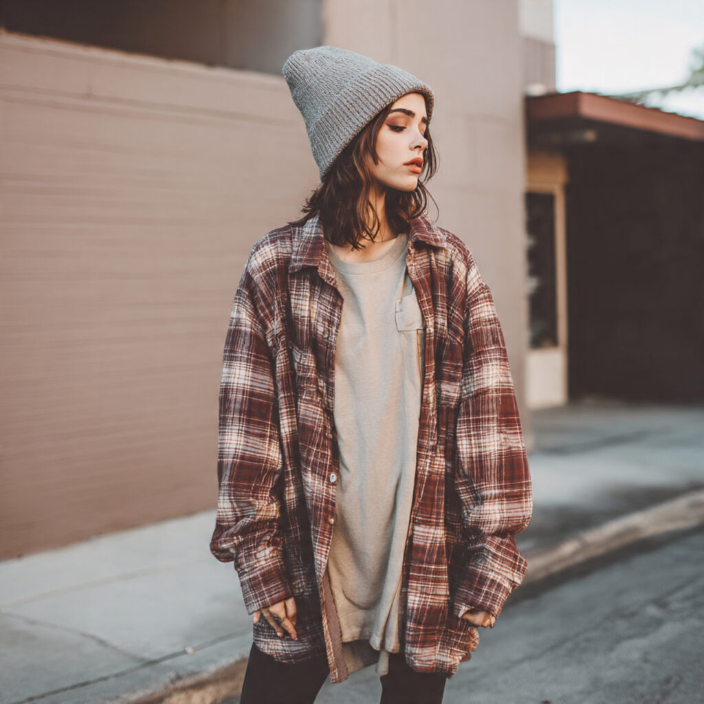 Oversized Flannel Shirt and Beanie Aesthetic