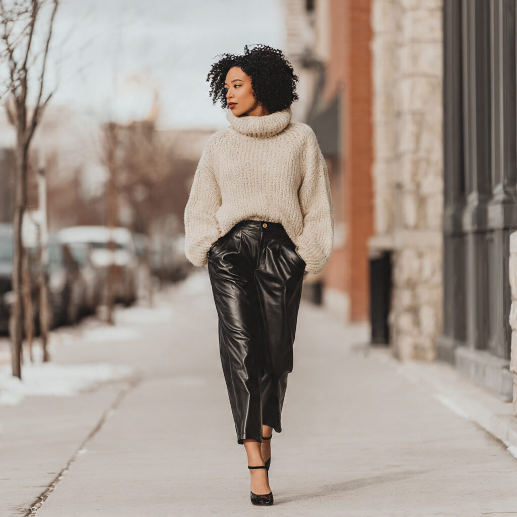 Oversized Turtleneck and Leather Trousers