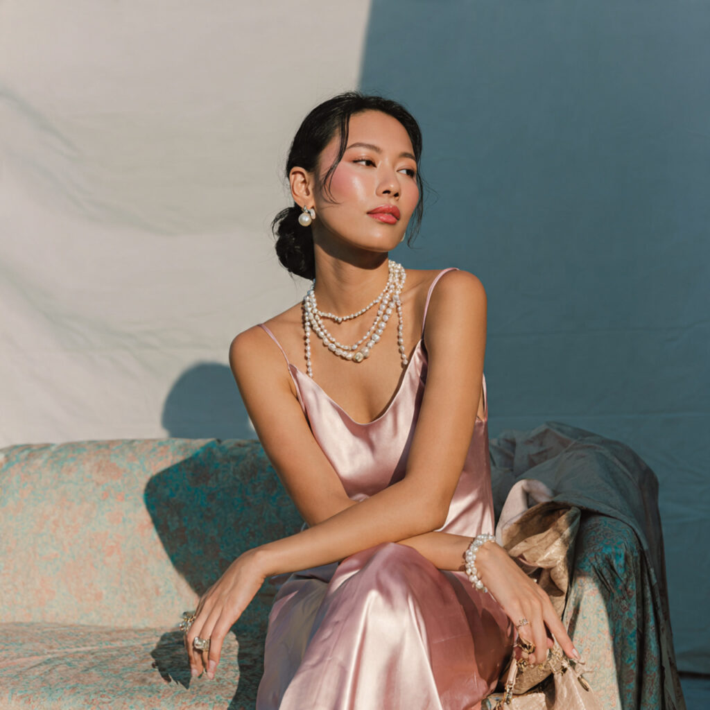 Pastel Silk Slip Dress and Pearl Accessories