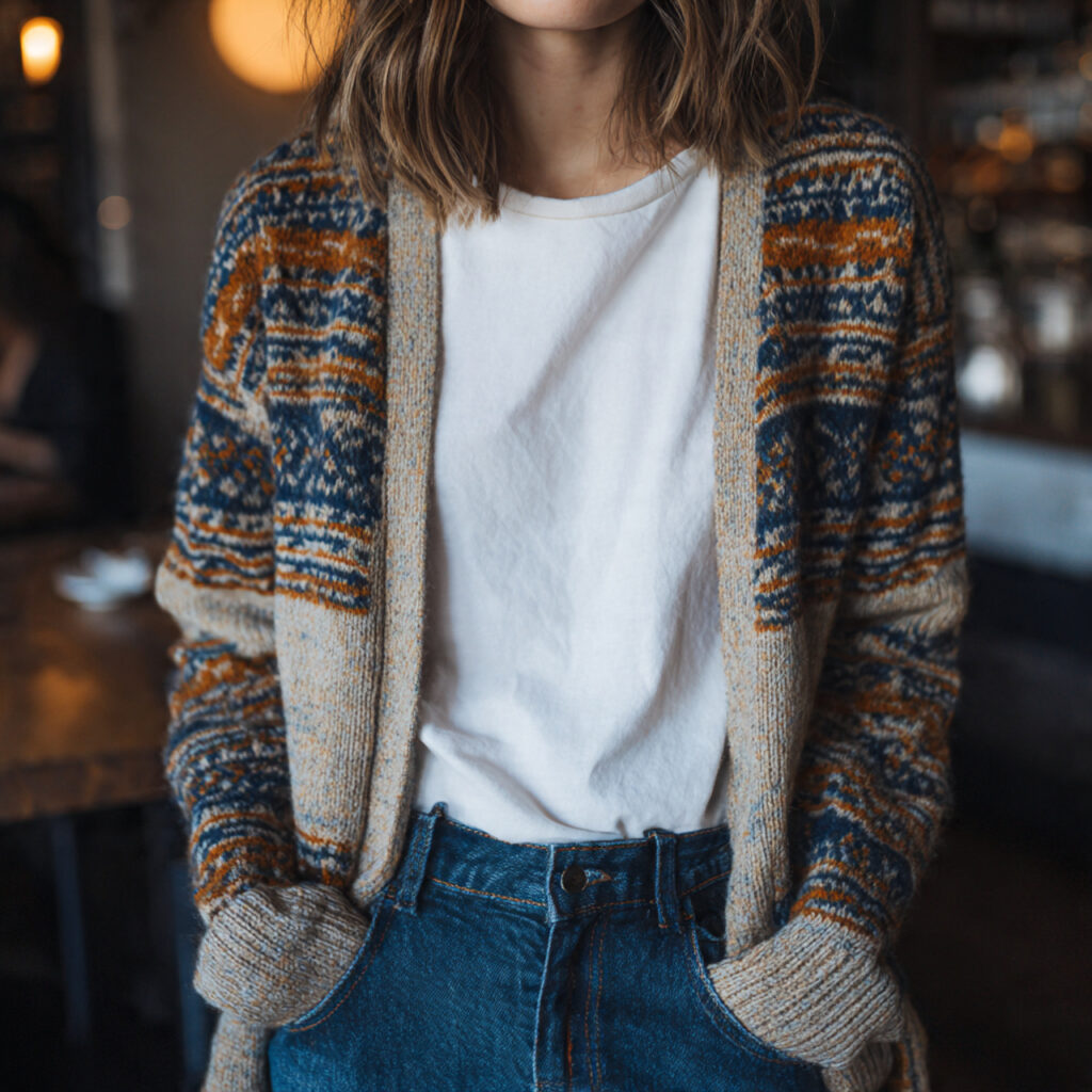 Patterned Cardigan and Classic White Tee