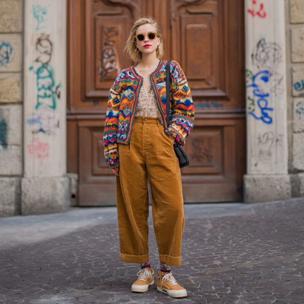 Patterned Cardigan with High Waisted Corduroy Pants