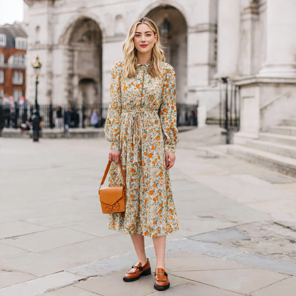 Patterned Midi Dress and Leather Loafers Idea